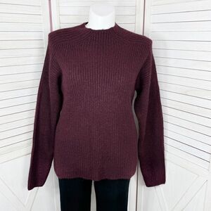 Dip Open Crew Neck Ribbed Knit Wool Blend Sweater Burgundy Red Large